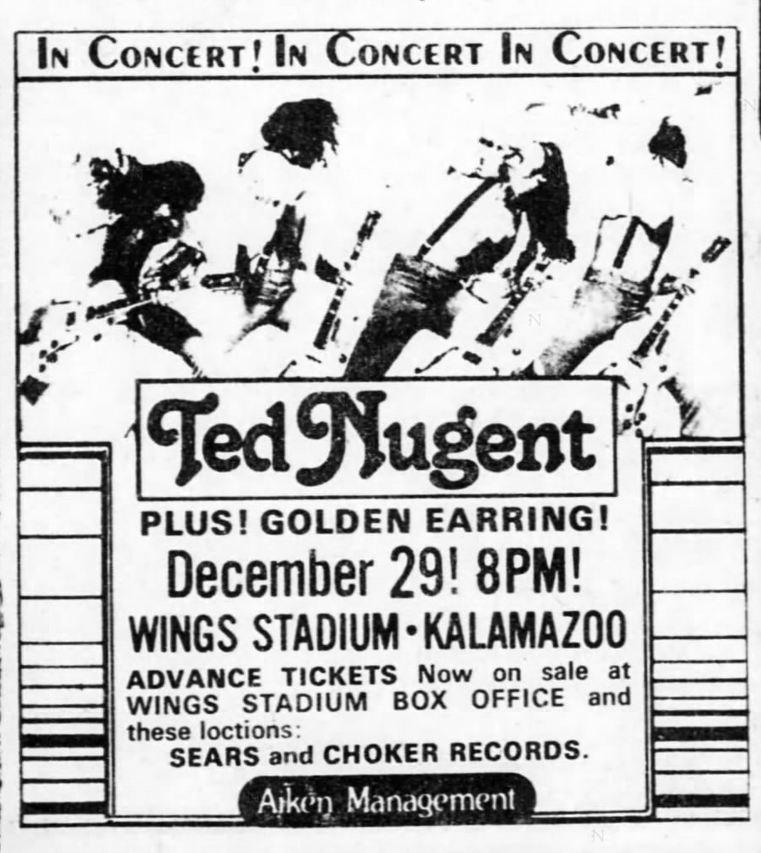 Ted Nugent with Golden Earring show promotion December 29 1977 Kalamazoo - Wings Stadium
